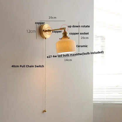 Copper wall lamp with ribbed ceramic shade and e27 led bulb in vintage green loft led style for bedroom use