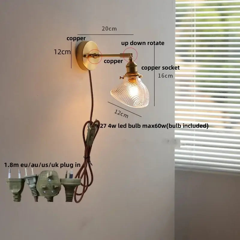 Vintage green loft led wall lamp with copper sconce, ribbed glass shade, and up-down rotating arm with pull chain