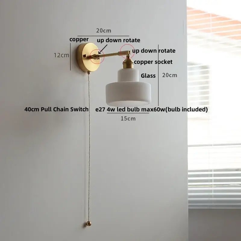 Copper-finished wall lamp with white glass shade and adjustable arm for vintage green loft led bedroom sconce with pull chain