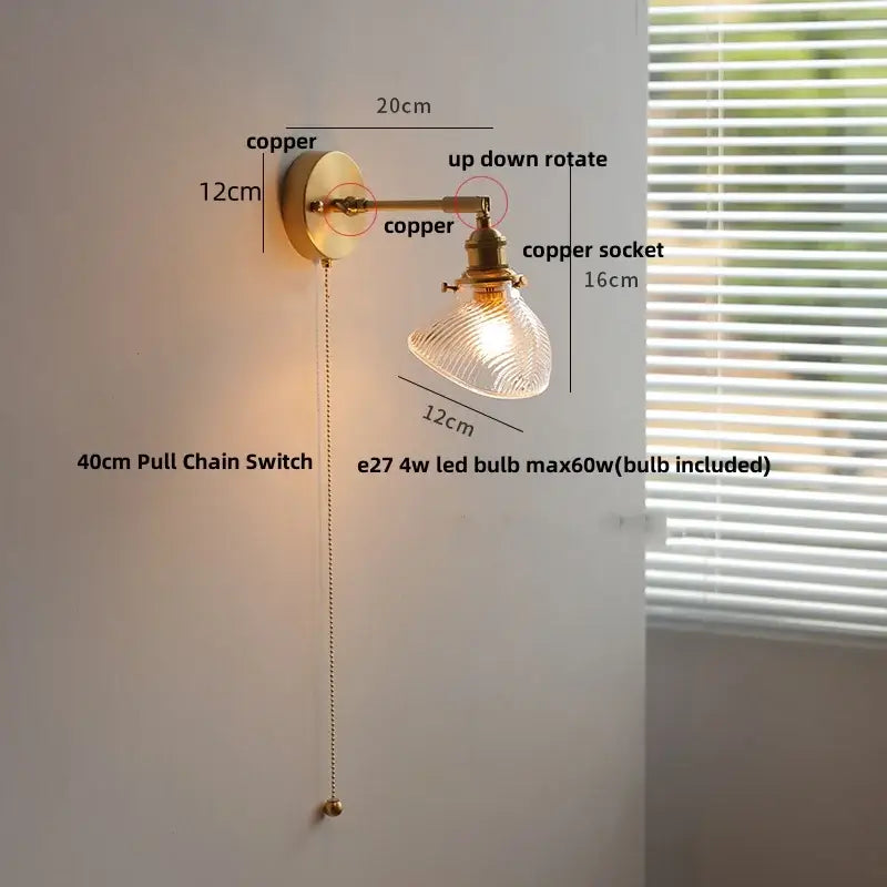 Copper wall lamp with textured glass shade and up-down rotating arm for vintage green loft led bedroom sconce