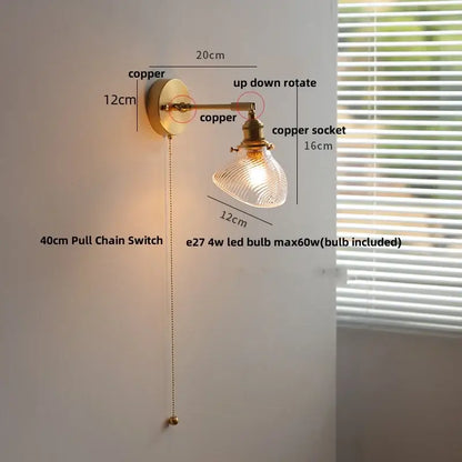 Copper wall lamp with textured glass shade and up-down rotating arm for vintage green loft led bedroom sconce