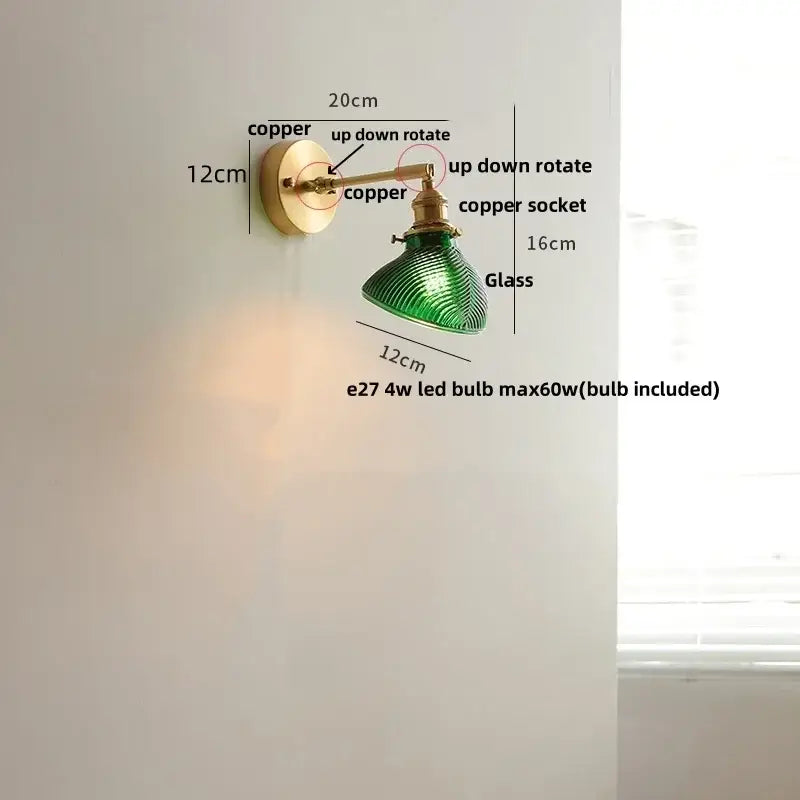 Vintage green loft led wall lamp with ribbed glass shade copper finish arms and pull chain for bedroom lighting