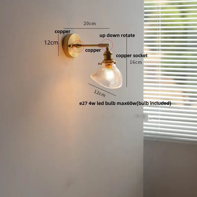 Copper wall lamp with textured glass shade and adjustable rotation for vintage green loft led bedroom sconce with pull chain