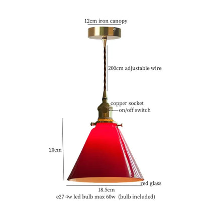 Red glass pendant light with brass iron canopy and copper socket perfect for vintage green lotus led dining room lighting