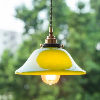 Vintage green lotus led pendant light with yellow white glass shade brass hardware and exposed bulb for dining room use