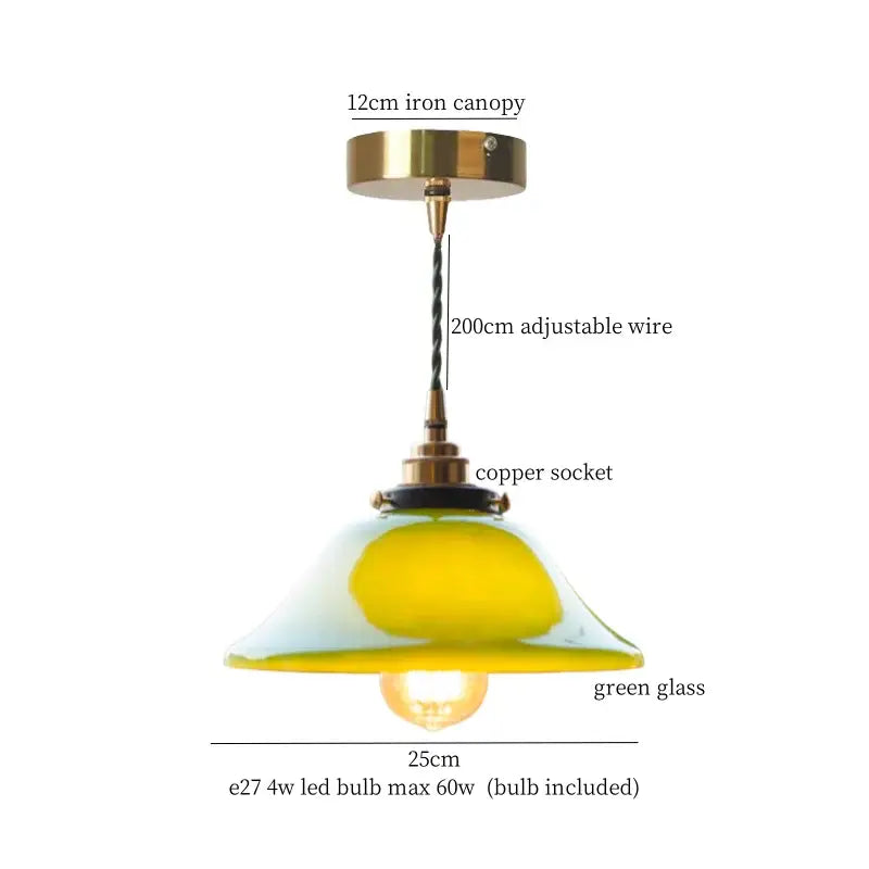Vintage green lotus led pendant light with brass iron canopy, adjustable copper wire, and translucent green glass shade