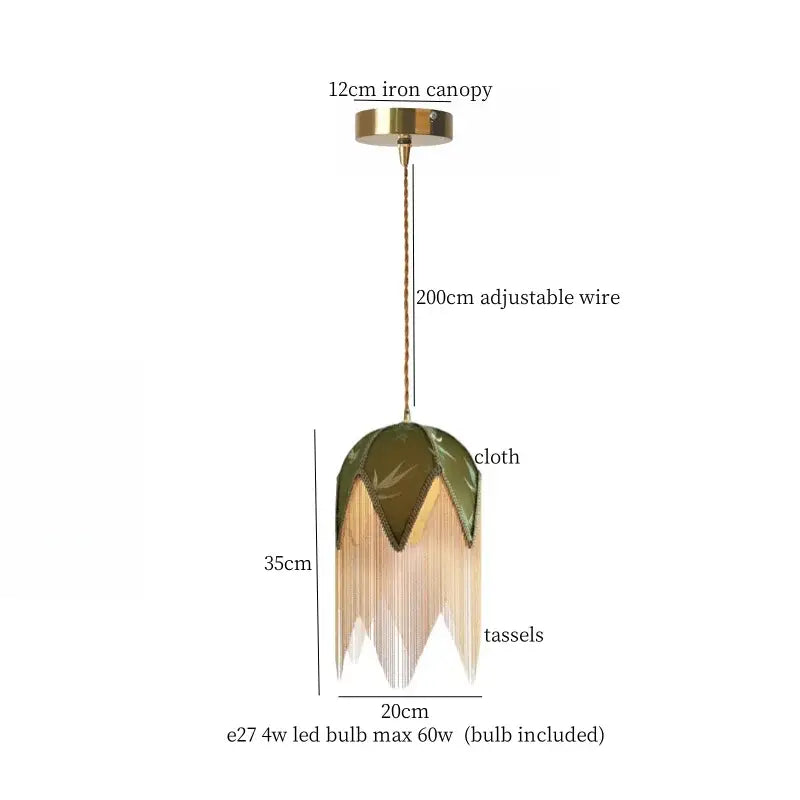 Vintage green velvet tassel pendant light with olive green fabric and brass iron canopy for living room decorbites green tassel
