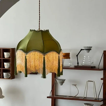 Vintage green velvet tassel pendant light featuring olive green fabric with gold fringe for decorbites green tassel use