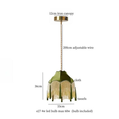 Vintage green velvet tassel pendant light with gold tassels and brass iron canopy for living room decorbites green tassel