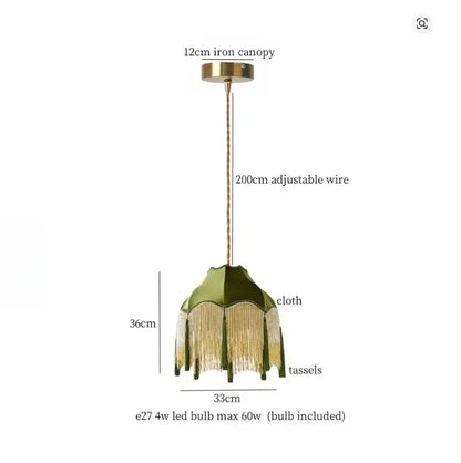 Vintage green velvet tassel pendant light with brass iron canopy and gold tassels for living room decorbites green tassel