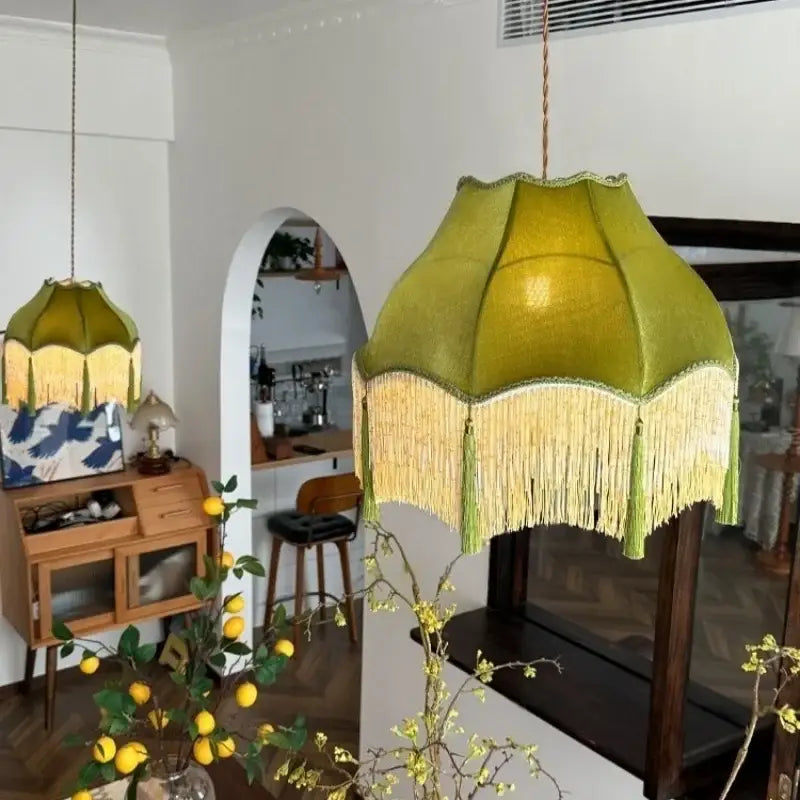 Vintage green velvet tassel pendant light with olive-green velvet and delicate gold fringe tassels for living room decorbites green tassel
