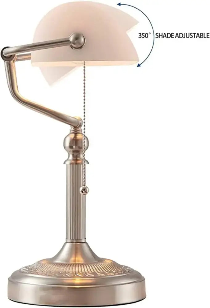 Antique brass-finished desk lamp with frosted glass shade and 350-degree adjustable arm from decorbites glass bankers desk collection