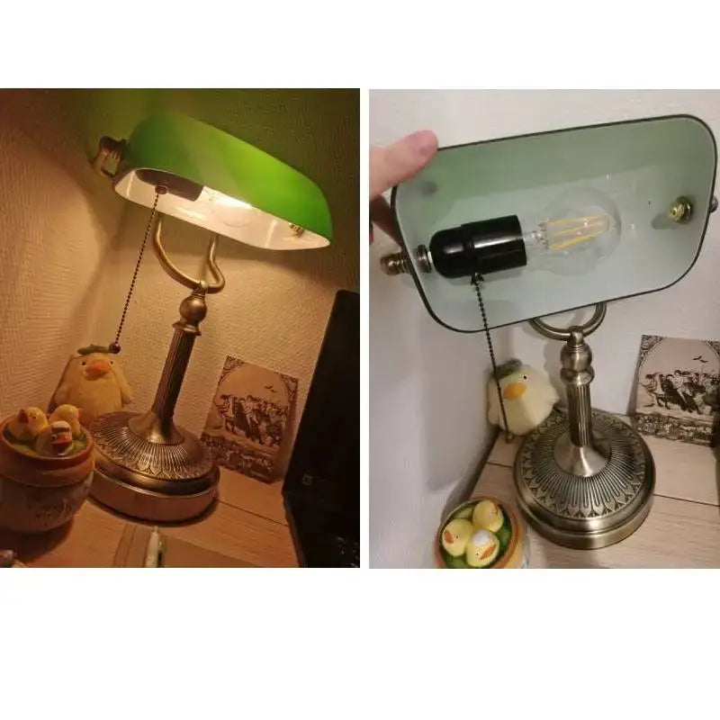 Vintage green and white glass bankers desk lamp with a green enamel shade and brass-finished base for bedroom decorbites desk lamp