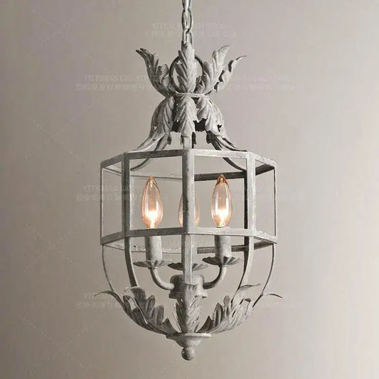 Antique-style vintage grey metal cage lantern chandelier with distressed finish and leaf motif for dining room decorbites grey metal