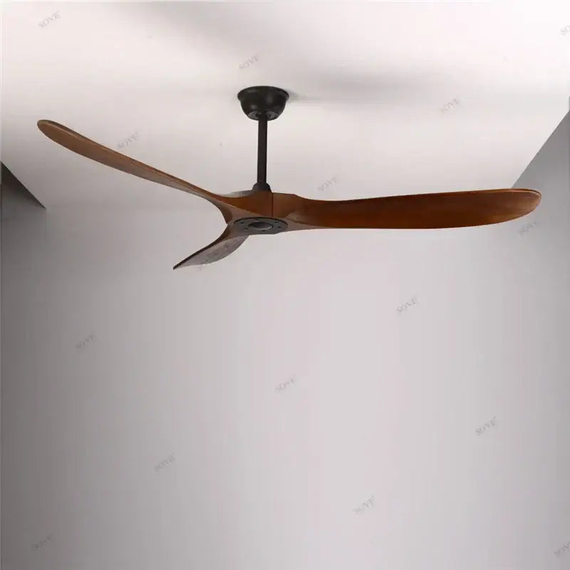 Modern vintage ceiling fan with three dark brown wooden blades and matte black hub for living room remote control use