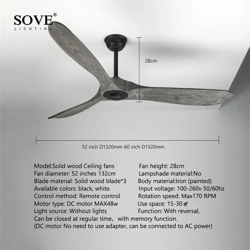 Sove lighting 52-inch vintage ceiling fan with weathered gray solid wood blades and black iron body for living rooms