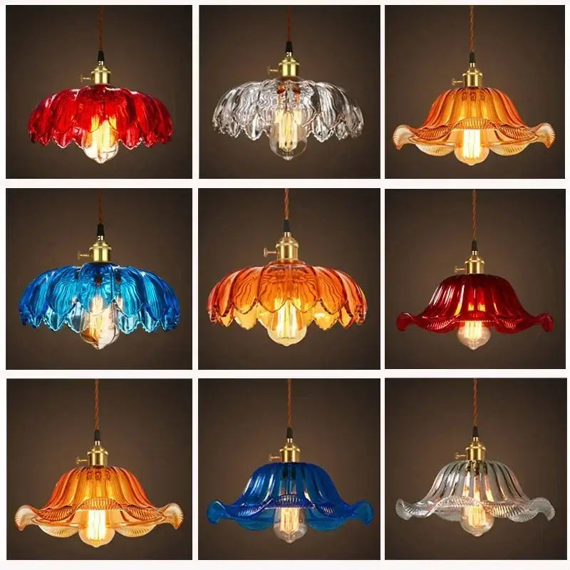 Vibrant vintage hand blown glass pendant lights with red blue amber and clear petal shades and brass fixtures for living room