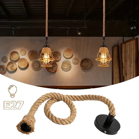 Vintage pendant light featuring a black metal base with hemp rope handwoven shade and e27 bulb socket for dining room