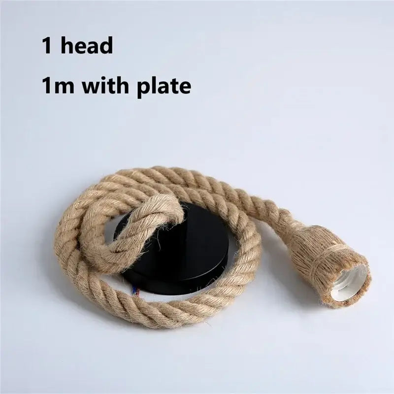 Vintage hemp rope pendant light with black mounting plate and bulb socket for focused dining room lighting