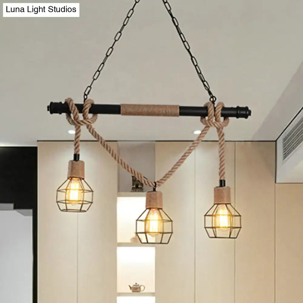 DecorBites™ vintage style island lighting with three beige metal cage heads and rope hanging light for dining room
