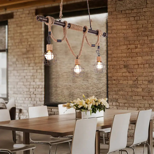 Decorbites vintage style island lighting with beige metal frame rope wrapping and three wire cage bulbs hanging light