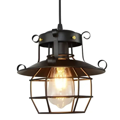 Black metal pendant light with cage design and exposed bulb vintage industrial metal construction for kitchen use
