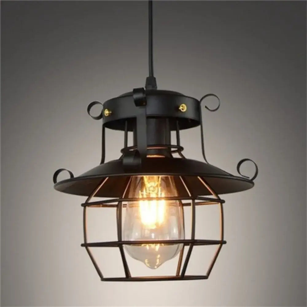 Black wrought iron pendant light with cage design and exposed bulb vintage industrial metal construction