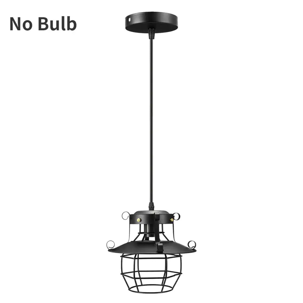 Vintage industrial black metal pendant light with cage design and cord pendant featuring metal construction without bulb
