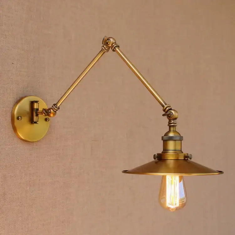 Brass adjustable swing arm wall lamp with vintage industrial bell-shaped shade and exposed filament bulb for bedroom decorbites adjustable swing