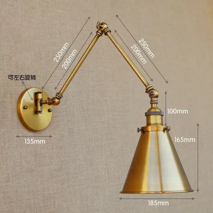 Vintage industrial brass adjustable swing arm wall lamp with conical shade for bedroom reading decorbites adjustable swing