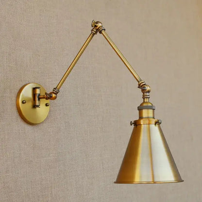 Brass-finished vintage industrial adjustable swing arm wall lamp with conical shade for bedroom reading decorbites adjustable swing