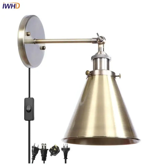 Vintage industrial brass iron led wall lamp with adjustable conical shade and multiple plug adapters for bedroom reading light