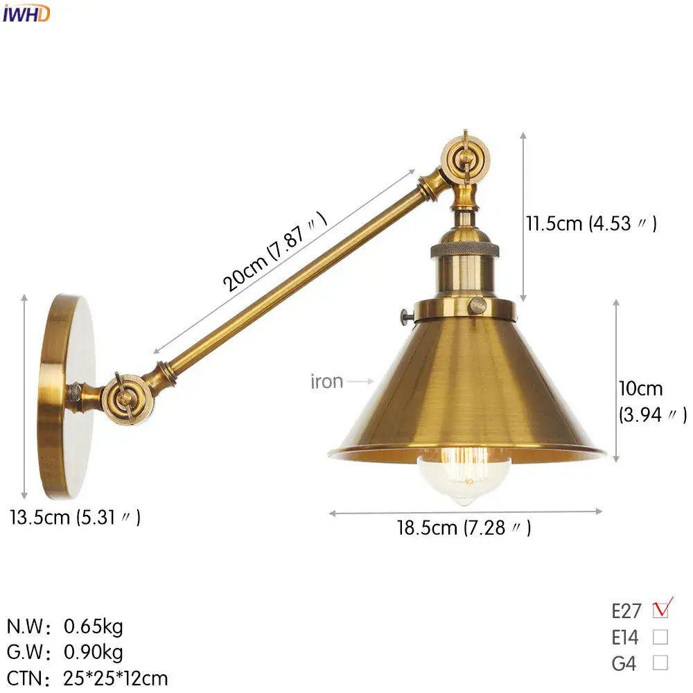 Brass-finished vintage industrial wall lamp with adjustable gold swing arm and conical shade for bedroom decorbites gold swing