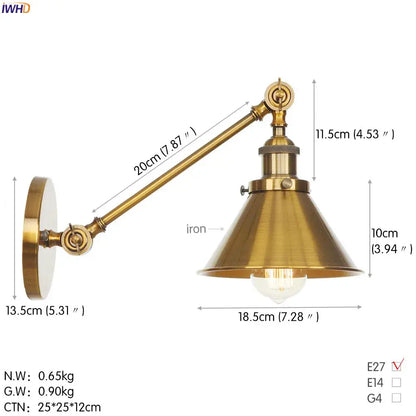 Brass-finished vintage industrial wall lamp with adjustable gold swing arm and conical shade for bedroom decorbites gold swing
