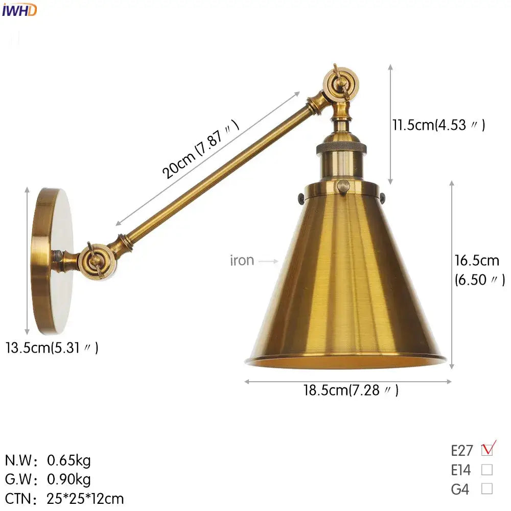 Brass-finished vintage industrial wall lamp with gold swing arm and conical shade ideal for bedroom decorbites gold swing