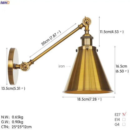Brass-finished vintage industrial wall lamp with gold swing arm and conical shade ideal for bedroom decorbites gold swing