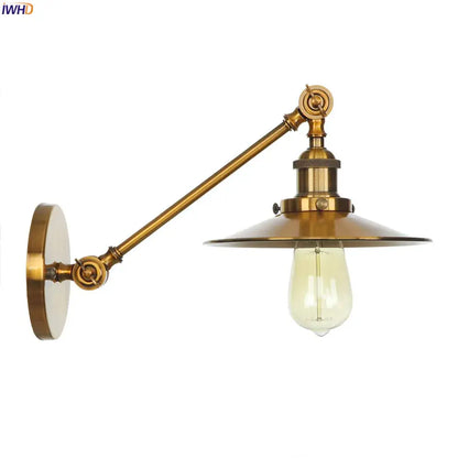 Brass-finished vintage industrial wall lamp with gold swing arm and adjustable bell jar shade for bedroom decorbites gold swing