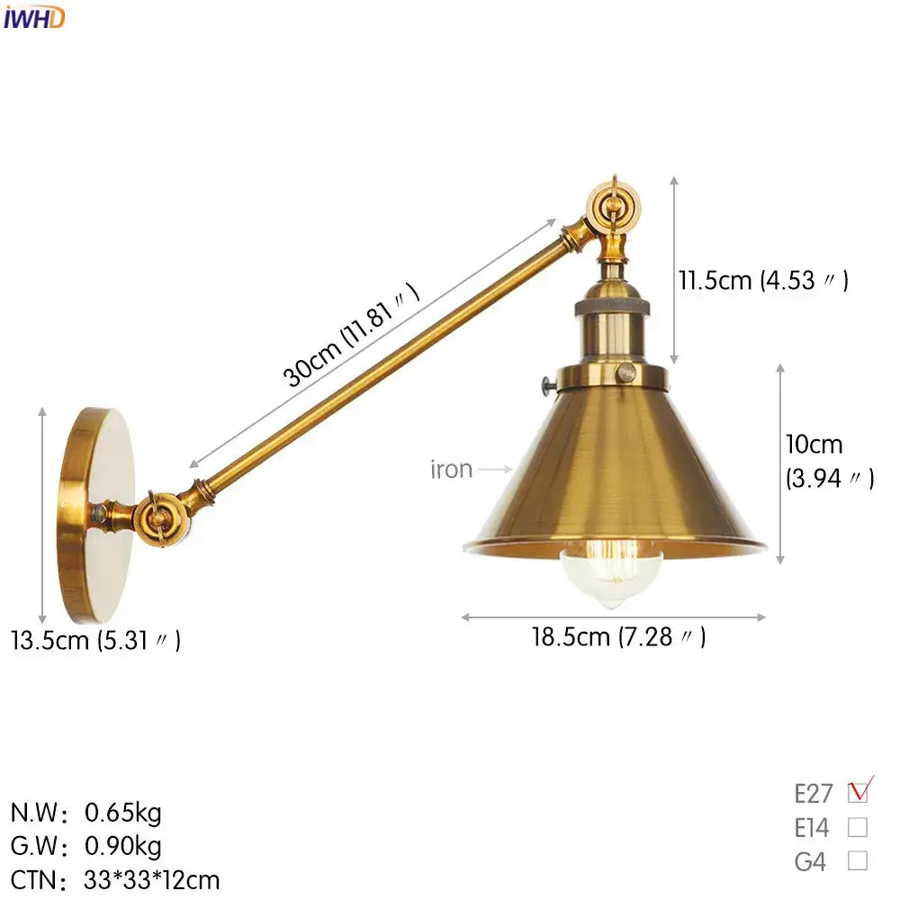 Vintage industrial brass wall lamp with long articulated gold swing arm and conical shade for bedroom decorbites gold swing