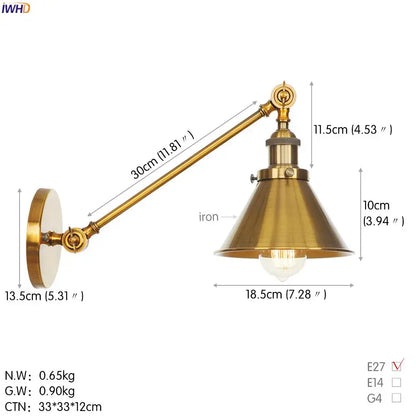 Vintage industrial brass wall lamp with long articulated gold swing arm and conical shade for bedroom decorbites gold swing