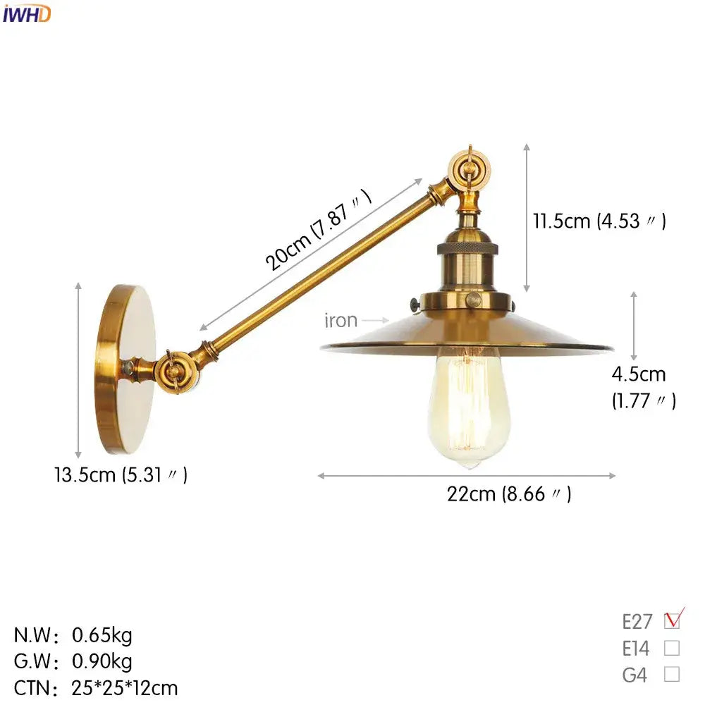 Brass-finished vintage industrial wall lamp with a curved gold swing arm and wide shallow shade for bedroom decorbites gold swing