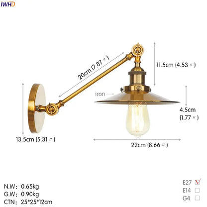 Brass-finished vintage industrial wall lamp with a curved gold swing arm and wide shallow shade for bedroom decorbites gold swing