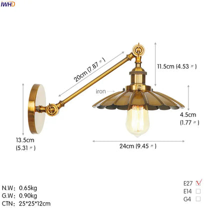 Vintage industrial brass wall lamp with gold swing arm and fluted shade featuring exposed edison bulb decorbites gold swing