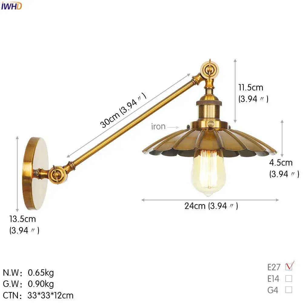 Vintage industrial brass wall lamp with gold swing arm sconce and fluted shade featuring exposed Edison bulb decorbites gold swing