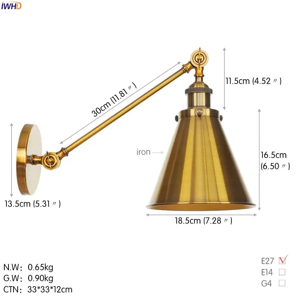 Brass-finished vintage industrial wall lamp with conical shade and decorbites gold swing arm for bedroom decor