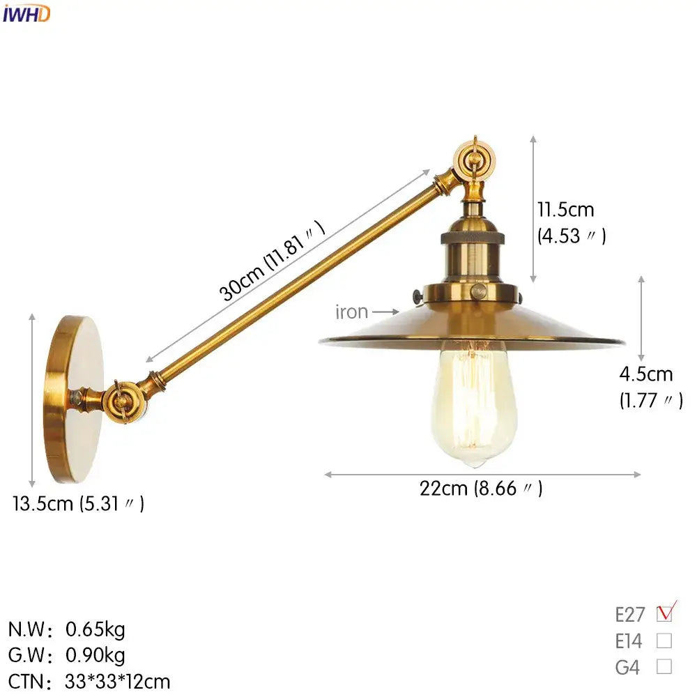 Vintage industrial brass wall lamp with gold swing arm and adjustable brass-finished wall sconce featuring edison bulb