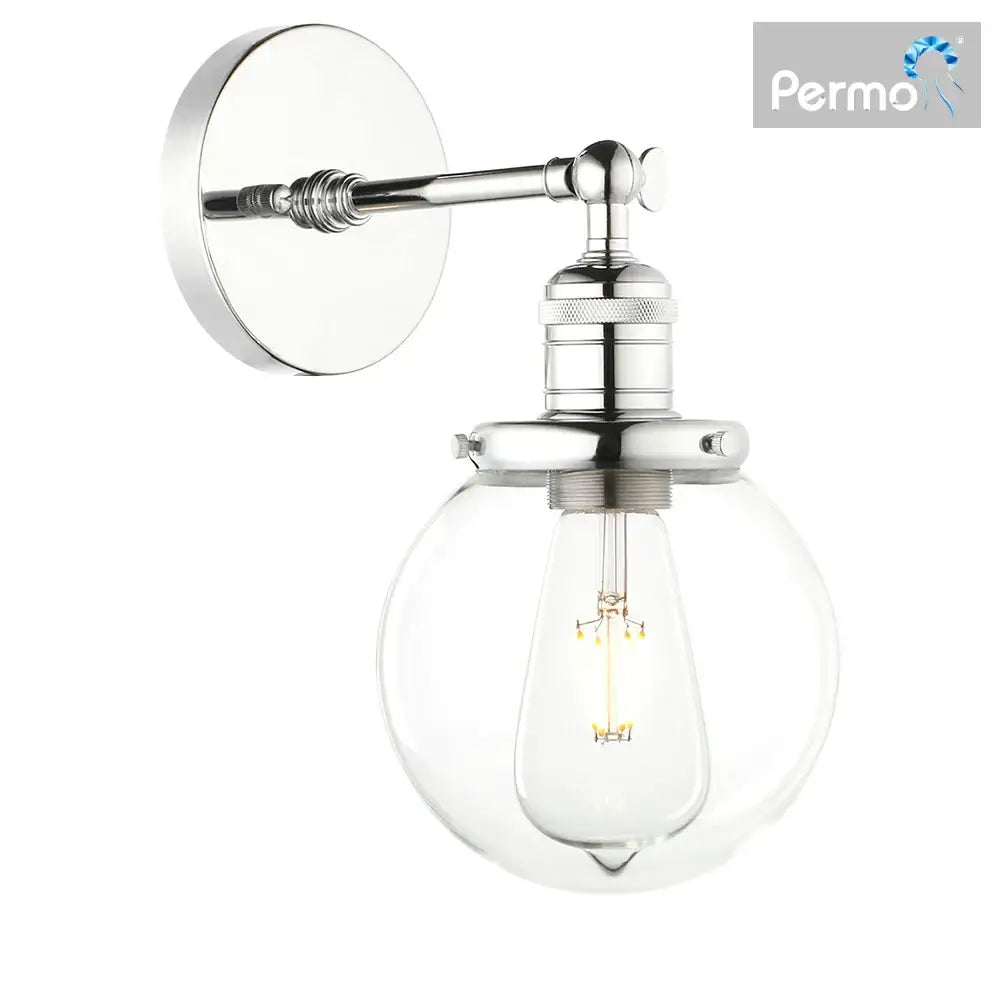 Chrome finished decorbites vintage industrial wall sconce with clear glass globe and exposed filament bulb for bedroom decor