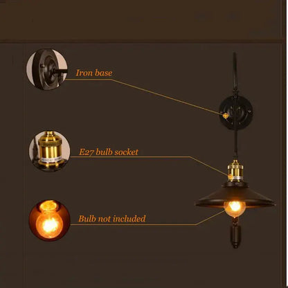 Black iron wall lamp with brass e27 socket and shade vintage industrial decorbites iron pulley wall for dining room