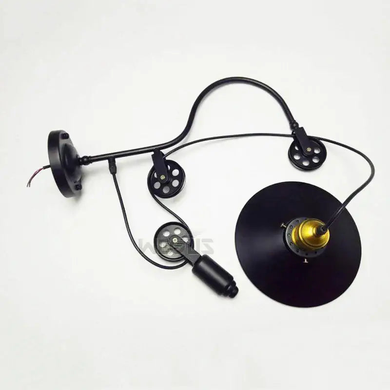 Black vintage industrial bronze iron pulley wall lamp with adjustable arms and gold-toned bulb holder for dining room decorbites iron pulley