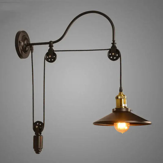 Vintage industrial bronze iron pulley wall lamp with arched arm and adjustable decorbites iron pulley system for dining room