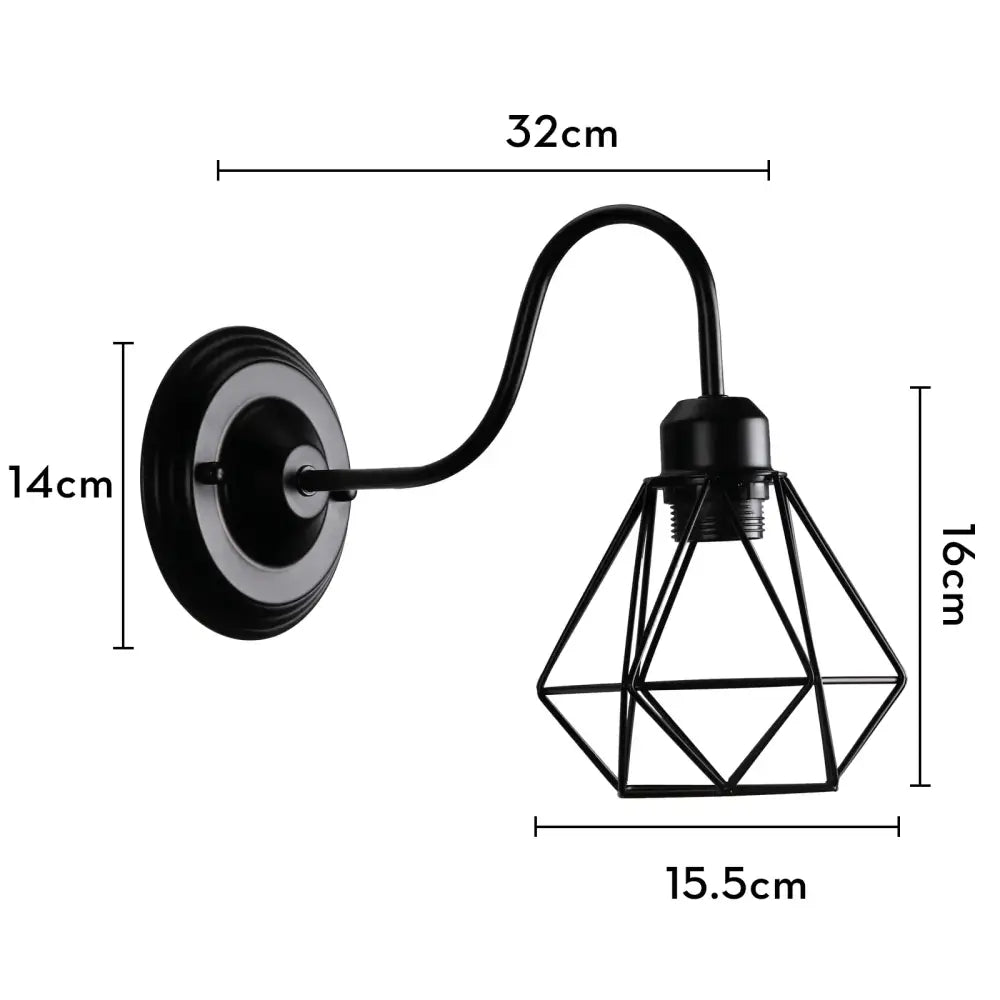 Black metal wall lamp with vintage industrial cage design featuring a geometric diamond-shaped decorbites industrial cage